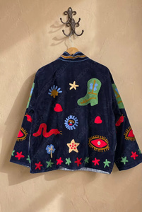 Veste bomber en velours à motif floral brodé Suzani, faite à la main, style bohème vintage, réversible, courte, ethnique, automne-hiver - Product Image 3