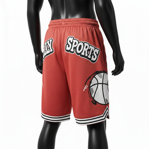 Short de basketball en maille polyester premium 180 GSM, couleur rouge, avec patch en chenille et panneau à rayures imprimées à l'écran - Product Image 5