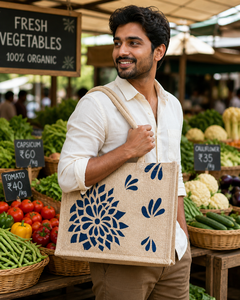 Sac fourre-tout en jute écologique avec imprimé floral, sac de courses réutilisable, design bicolore - Product Image 5