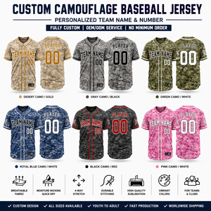Camiseta de Béisbol con Camuflaje Personalizada, Nombre del Equipo y Número Personalizados, Uniforme con Botones, Fabricante OEM ODM - Product Image 2