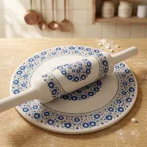 Royal Rajasthani Blue Floral Heavy Marble Chakla Belan Set Handcrafted Printed <b>Rolling</b> Board with <b>Wooden</b> Belan for Roti Chapati - Product Image 5