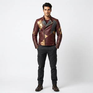 Blouson de moto en cuir pour homme, couleur bordeaux et or, avec fermeture éclair et design patchwork - Product Image 1