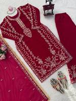 Ensemble de fête pour femme en Faux Georgette Premium avec broderie de fils et sequins, comprenant un haut, un Salwar de 46-47 pouces à taille élastique et un Dupatta en dentelle, style ethnique