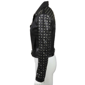 Women Studded Leather <b>Jacket</b> Black Biker Motorcycle <b>Punk</b> Style Genuine Leather OEM Custom Wholesale Supplier Women Stud Leather - Product Image 2