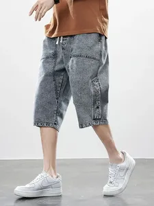 Summer <b>Men's</b> Vintage Knitted <b>Jeans</b> Denim Breeches Calf-Length Casual Shorts Acid Wash Pattern Quick Dry Cotton <b>Drawstring</b> - Product Image 5