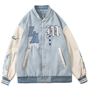 Chaqueta Varsity Azul Claro Unisex Estilo Preppy con Logotipo LA Bordado, 100% Algodón Felpa, Ropa de Calle de Invierno, Corte Regular Informal - Product Image 1