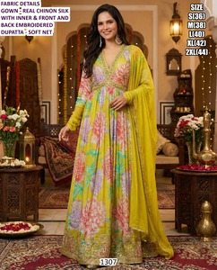 Vestido de Gala Moderno Anarkali con Cintura Natural y Largo hasta el Suelo, con Bordado Floral en Chinon, Cómodo y Transpirable, Moonlit Majesty - Product Image 2