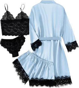 Bata de satén para mujer, 4 piezas, con encaje, ropa de dormir de manga corta, pantalones cortos, suave, color liso, lencería, ODM, ropa de verano - Product Image 6