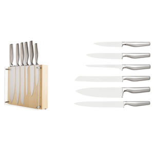 Ensemble de 6 couteaux de cuisine en acier inoxydable avec support de rangement en bois, panneau frontal transparent et manches métalliques confortables - Product Image 1