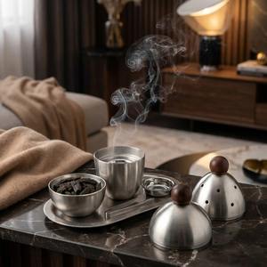 Quemador de incienso de metal minimalista de lujo con diseño árabe, soporte para incienso Oud con bandeja y pinzas, diseño de bola para decoración del hogar en el Medio Oriente. - Product Image 4