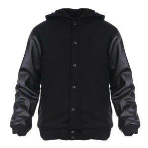 Blouson universitaire noir à capuche, corps en laine, manches en cuir grainé, vêtement d'extérieur haut de gamme personnalisé - Product Image 1