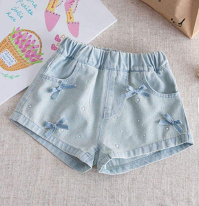 Shorts Bermuda en coton bleu clair pour filles avec poches à nœud, taille haute élastique, pantalon décontracté d'été - Product Image 1