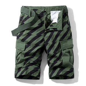 Shorts cargo rayés pour hommes, taille mi-haute, en toile respirante, style décontracté, avec poches et braguette boutonnée - Product Image 1