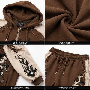 Ensemble de survêtement unisexe imprimé, sweat à capuche et pantalon de jogging, streetwear, manches longues, coupe ample, marron crème, motif flamme - Product Image 6