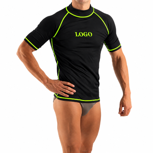 <b>Men's</b> Black Short Sleeve Rash Guard With Neon Green Trim Quick Dry <b>Compression</b> <b>Shirt</b> Front Logo Print Spandex Polyester - Product Image 1