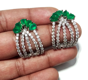 Natural Green Onyx White Zircon Gemstone Bohemian <b>Hoop</b> <b>Earrings</b> 925 Sterling <b>Silver</b> Handmade Certified Statement Women's Elegant - Product Image 6