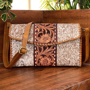 New Hand-Tooled Leather <b>Large</b> Clutch Women's Crossbody Bag Western Boho Hair on Cowhide Hand Stitch Genuine Leather Floral Purse - Product Image 4