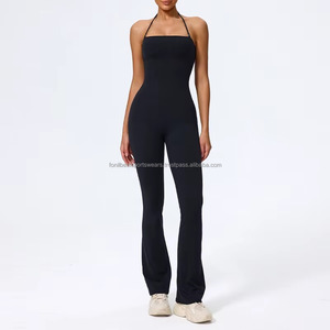 Body de yoga rosa con cuello halter y fruncido, de cintura alta, sin mangas, de una pieza, para mujer, ropa deportiva. - Product Image 3