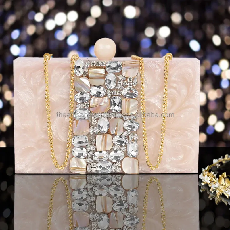 Pochette de luxe en gros résine pierre perle style différent serrure Design moderne cosmétique maquillage pochette par artisanat artisanal