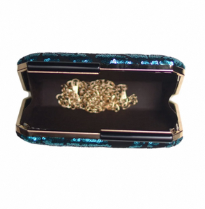 Luxury Black Blue Sequin Clutch <b>Dual</b> Side Design with Raw Silk Inner Designer Clasp and Long Sling Chain - Product Image 3