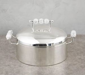 Luxury Silver Food Warmer with White Marble Bead Handles Elegant Round Chafing Dish Decorative <b>Buffet</b> <b>Server</b> for Weddings - Product Image 1