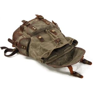 Genuine Leather and Waxed <b>Canvas</b> Travel <b>Backpack</b> Durable Outdoor Hiking Rucksack - Product Image 2
