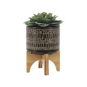 Maceta Moderna de Metal para Suculentas con Soporte de Madera, Acabado Glaseado, Patrón Irregular, Diseño Minimalista para Interiores - Product Image 1