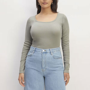 Camiseta de Manga Larga de Punto, Cuello Redondo, Color Sólido, para Mujer, Corte Ajustado, Transpirable, Informal, Gris Claro, Mezcla de Algodón y Spandex - Product Image 1