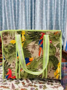 Green Handmade Quilted Cotton <b>Boho</b> Style Drawstring Closure Large Tote <b>Bag</b> Women Tropical Parrot Printed Shopping <b>Bag</b> for Retail - Product Image 5