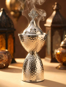 Brûleur d'encens Bakhoor en métal argenté martelé de luxe, brûleur d'oud arabe, porte-encens à charbon de bois pour la décoration intérieure, parmi les plus vendus - Product Image 4