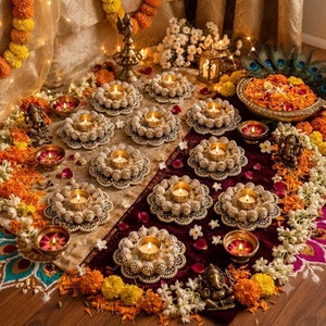 Supports de bougies chauffe-plat en perles artisanales écologiques et durables, avec travail miroir, sous-verres décoratifs en métal Diya pour Diwali - Vente en gros - Product Image 2