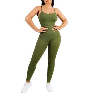 Women Ribbed Seamless <b>Bodysuit</b> <b>Square</b> <b>Neck</b> Spaghetti Strap Full Length Solid Color Gym Wear Green - Product Image 1