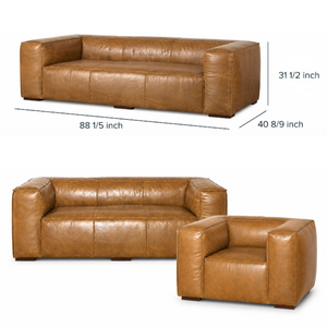 Canapé 3 places moderne en cuir véritable avec pieds en bois, accoudoirs carrés et dossier rigide, canapé en cuir rembourré pour salon - Product Image 3