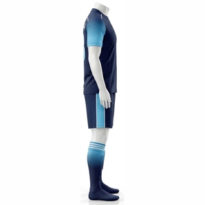 Ensemble de maillots de football unisexe bleu foncé avec accents bleu clair, manches courtes, col en V, évacuation de l'humidité, séchage rapide, imprimé par sublimation, élastique - Product Image 3