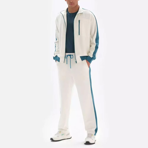 Ensemble de survêtement blanc personnalisé en gros avec veste zippée à rayures bleues latérales et pantalon de survêtement assorti, ensemble de sport en molleton vierge en gros pour fabricant - Product Image 5