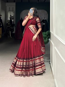 Maroon <b>Red</b> <b>Silk</b> Flared Lehenga Choli Gold Zari Border Dupatta Floor-Length Wedding South Indian Half Saree - Product Image 2