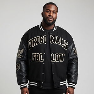 Men Leather Sleeve Patches Embroidery Front Varsity Jacket Men Crew Neck Button <b>Up</b> Varsity Jackets Men's - Product Image 1