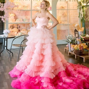 Vestido indio hecho a mano con gradas de melocotón para sesión de fotos Vestido de novia rosa para mujer - Product Image 1