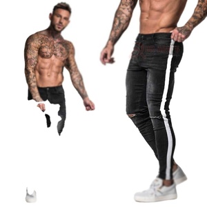 Jean slim homme style urbain uni printemps, denim déchiré extensible délavé, broderie et rivets hip-hop - Product Image 2
