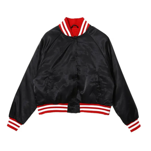 Veste universitaire noire avec bordures rouges et blanches, col rabattu, fermeture éclair, vêtement décontracté d'automne, unisexe, longueur courte - Product Image 1