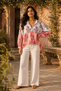 Blusa Kurta Holgada con Estampado Floral, Ligera, de Mezcla de Algodón, con Botones, para Playa o Resort - Product Image 4