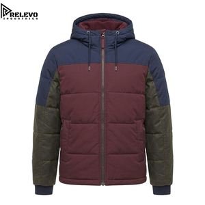 OEM <b>Men</b> Puffer <b>Jacket</b>, Navy Maroon and Olive/Dark <b>Green</b> panels Winter Hooded Warm Quilted <b>Jacket</b> with Full Zip & Pockets - Product Image 1