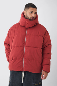 Chaqueta acolchada roja con capucha para hombre, abrigo de invierno grueso con relleno de plumón, cortavientos, con cierre de cremallera, informal - Product Image 5