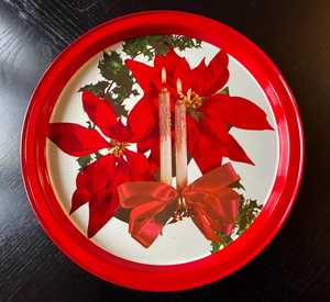 Red Round metal <b>Decorative</b> <b>Plates</b> with Poinsettia and Candle Design for Holiday Party Dishes - Product Image 6