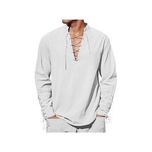 เสื้อเชิ้ตผู้ชายสีเบจ แขนสามส่วน คอตั้ง สไตล์ลำลอง พร้อมดีเทลผูกเชือกด้านหน้าและด้านข้าง - Product Image 2