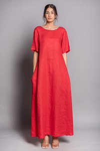 Robe longue en lin rouge pour femme, dos profondement encolonné, manches courtes, coupe ample, tenue décontractée bohème pour l'été et les vacances - Product Image 4