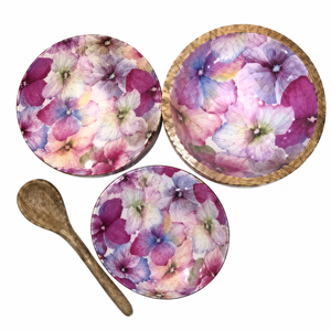 Ensemble de saladiers en bois de manguier imprimé émail floral de luxe, bols de service artisanaux de qualité supérieure, sans danger pour les aliments, décoratifs pour la cuisine et la salle à manger - Product Image 1