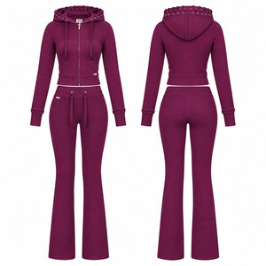 Women's <b>Burgundy</b> Hooded Tracksuit Full Length Zipper Fly Side Pockets Casual Style Solid Color Regular Fit Autumn Wear - Product Image 1