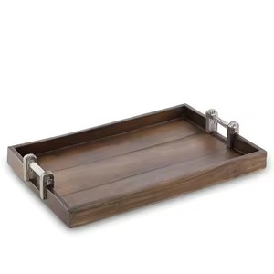 Plateau de service rectangulaire en bois de qualité supérieure avec poignées en bois de cerf, design rustique, durable, type plateau solide pour le service des aliments - Product Image 5