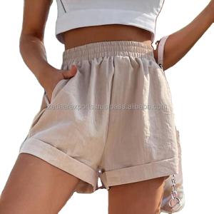 Women's High Waist Linen Shorts Breathable Woven Summer Casual Wear with <b>Elastic</b> <b>Waistband</b> Rolled Hem and Side Pockets - Product Image 3